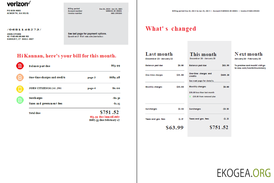 USA Verizon utility bill template in Word and PDF formats, 2 pages